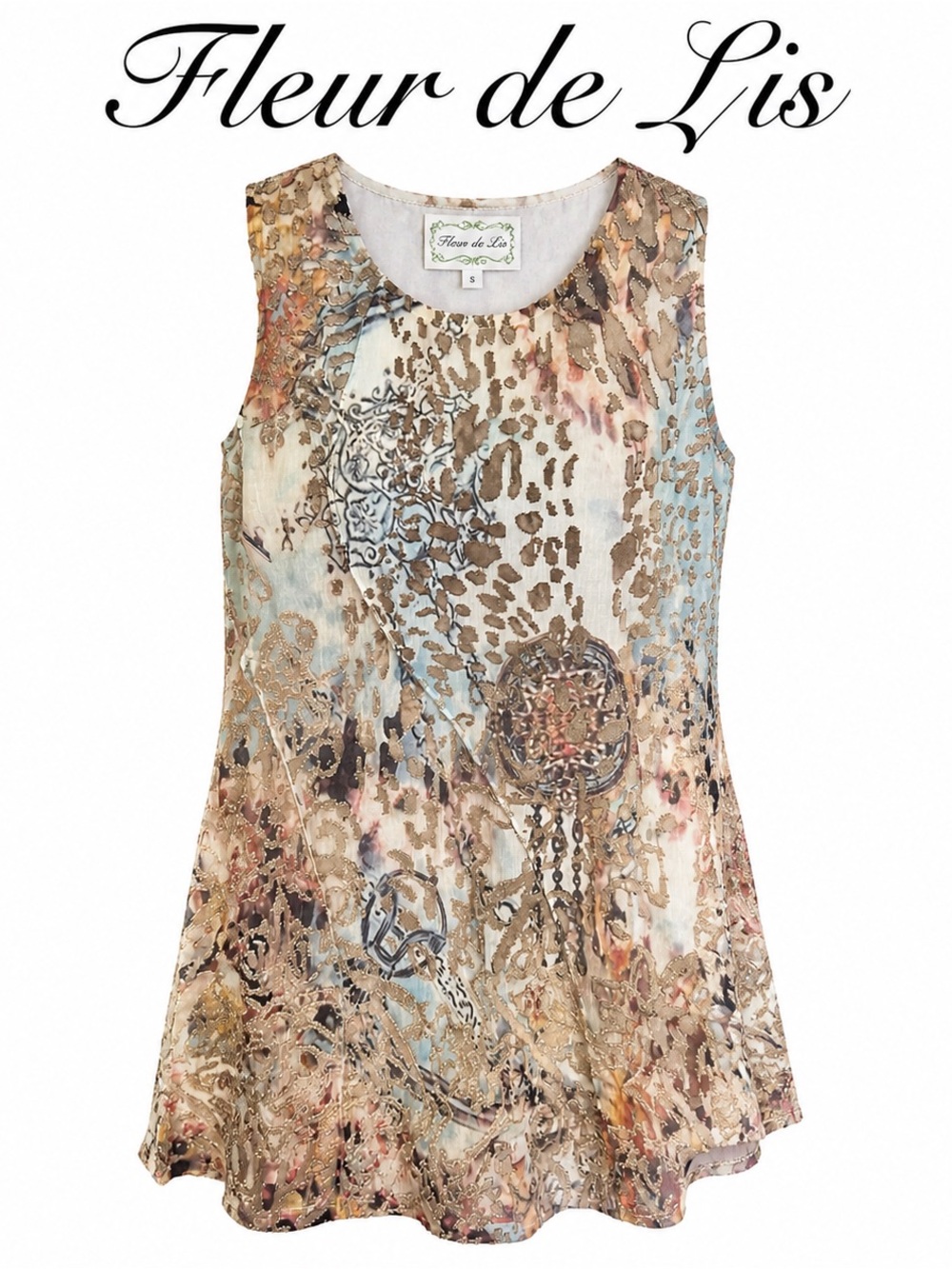 Fleur de Lis Sleeveless Tunic Top Sheer Boho Abstract Print